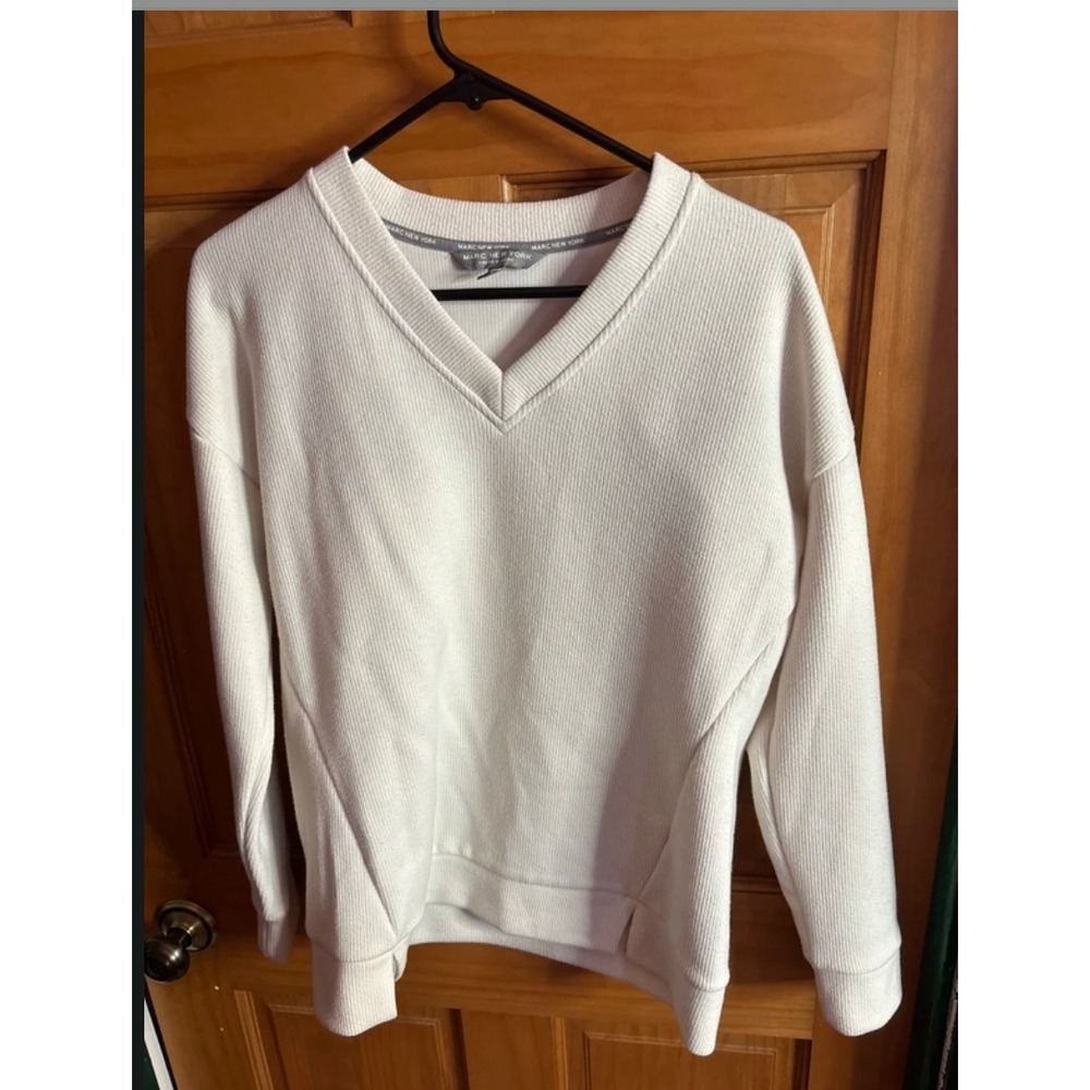 Marc New York Andrew Marc Womens White Ribbed V-Neck Sweatshirt Pullover Small